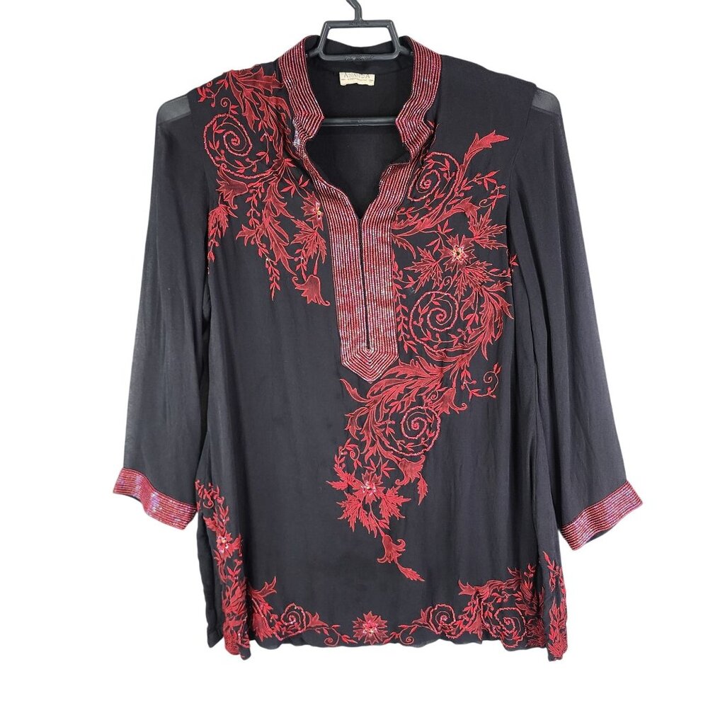 Womens Embroidered & Beaded Ananda Tunic Top Blouse Black & Red 3/4 Sleeve M